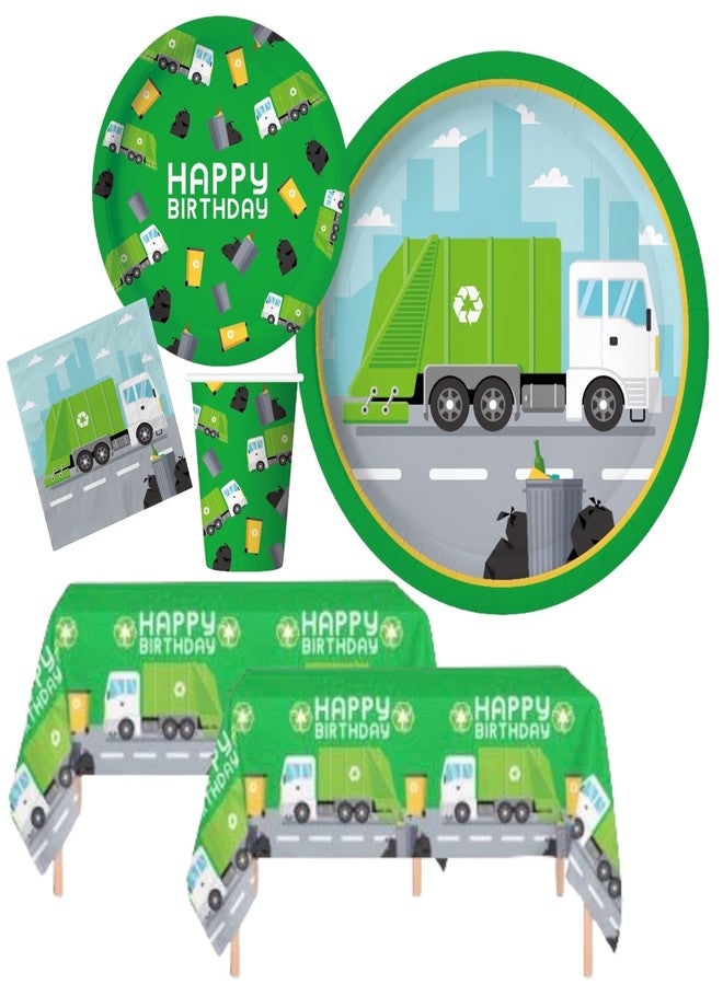 Oojami Garbage Truck Party Supplies - Serves 24, Complete Birthday Tableware Set with Plates, Cups, Napkins & Table Covers for Kids Garbage Truck Theme Party - Image 1